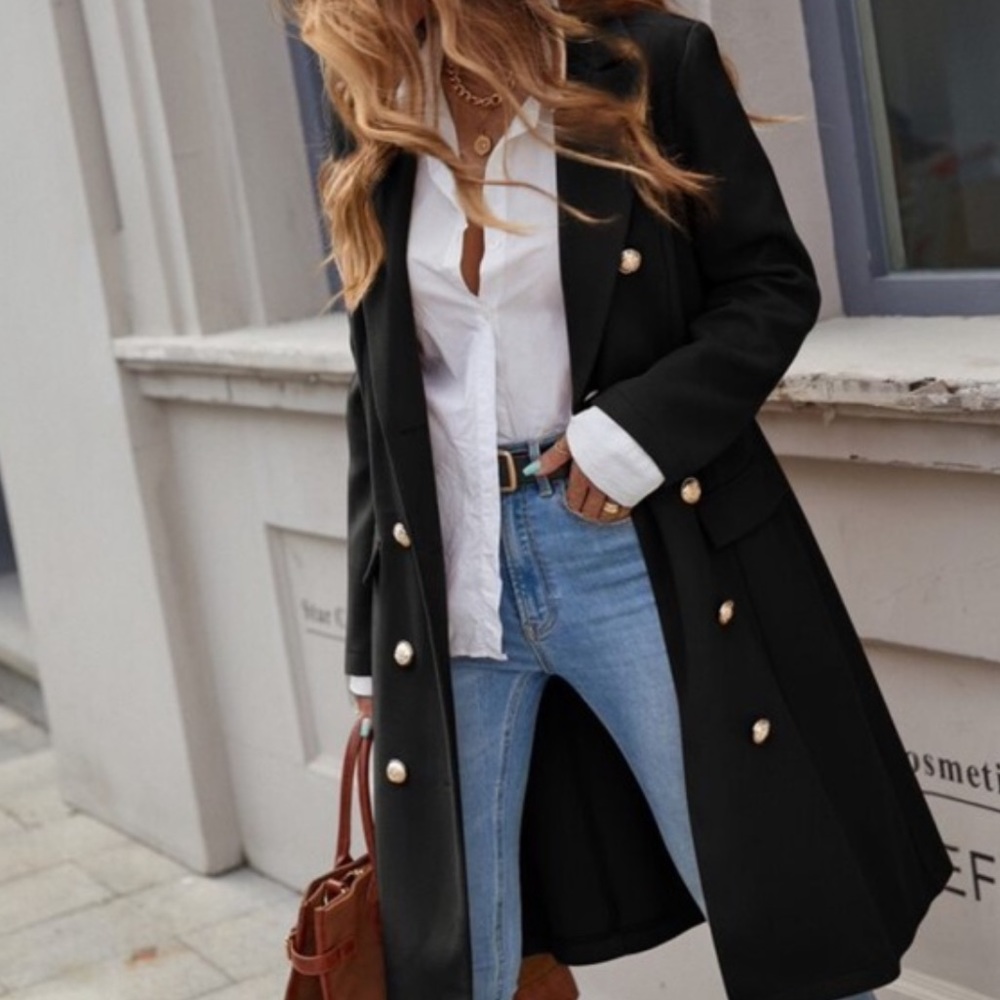 Classic Black Button up Long Jacket Coat - Picture 16 of 16